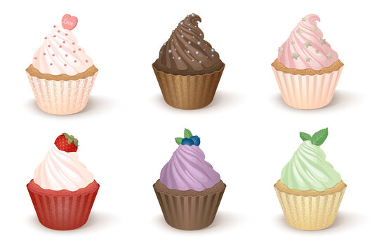Colorful set with six different vector cupcakes
