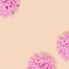 Border frame made of pink aster flowers on a beige background. Springtime creative composition.