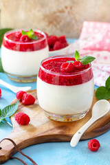 Italian dessert. Raspberry Panna cotta with raspberry jelly on a stone or concrete background,...