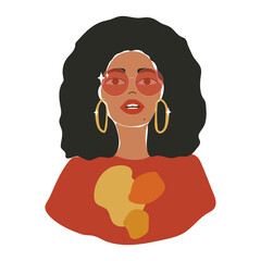 Vector colorful illustration of african american hippie woman in red sunglasses isolated from white background.