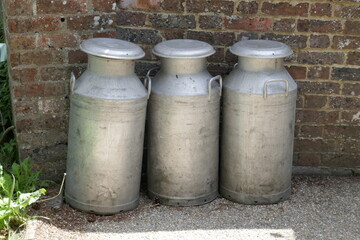 Three old fashioned milk churns