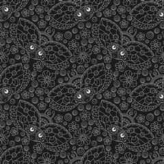 Seamless pattern with contour ladybugs and flowers, light outline insects on a dark background