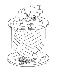 The outline of spool of sewing thread with five flowers inside and one flower lying side by side