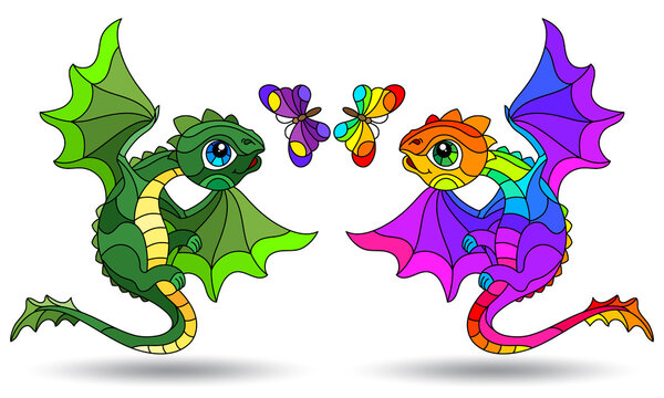 Set of illustrations in the style of stained glass with cartoon dragons, animals isolated on a white background