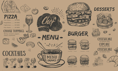 Restaurant menu, template design.. Food flyer. Hand-drawn style. Vector illustration.	
