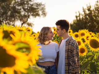 Pareja joven disfrutando de sus vacaciones en un campo de girasoles durante la puesta de sol en...