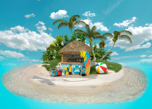 Tropical island with palm trees, hut and diving equipment