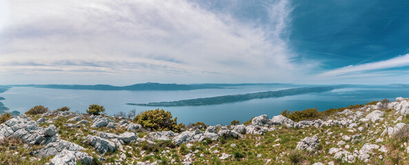 Panorama island Hvar and peninsula Peljesac in the background.View from Rilic mountain. South Dalmatia, Croatia.