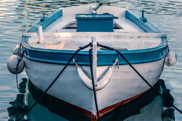 Close up of old wooden fisherman blue boat. Croatia.