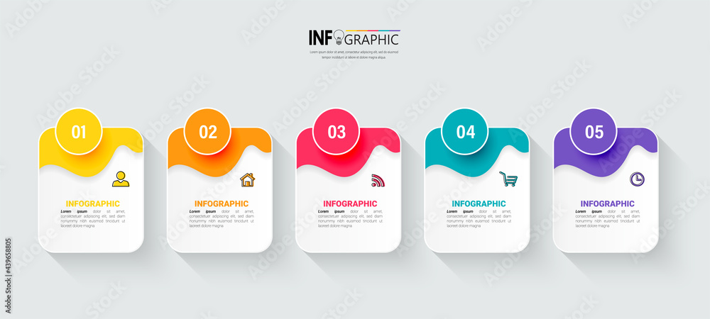 Fototapete Infographics design template, 3D Business concept with 5 steps or options, can be used for workflow layout, diagram, annual report, web design.Creative banner, label vector.	
