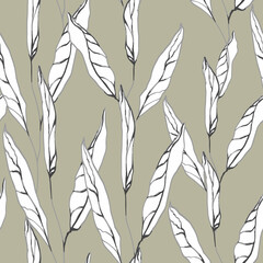 Seamless floral pattern. Simple curved white leaves pointing upwards. Muted gray-green background. Use for covers, factory prints on fabric, paper, packaging, backdrops, splash screens, postcards and 