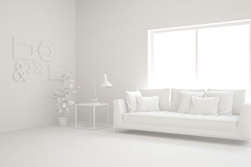 White minimalist living room with sofa. Scandinavian interior design. 3D illustration