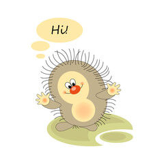 Cute hedgehog. Sticker, badge, sticky label with quote Hi. Lovely happy funny character for telephone correspondence, messages. Adorable hedgehog in cartoon style. Vector doodle illustration. 