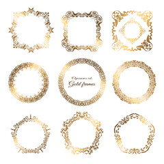Gold frame set. Openwork floral ornament. Geometric set with gold pattern. Vector illustration. White background.