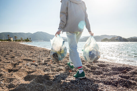 Collecting garbage on the beach