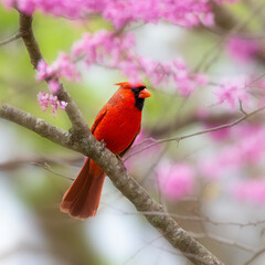 male cardinal in spring in redbud tree with blossoms