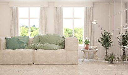 Stylish room in white color with sofa and summer landscape in window. Scandinavian interior design. 3D illustration