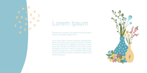 Cute abstract  illustrations  spring and summer, Vases with flowers . Vector Template with copy space for invitation, cards or banner and  poster, Landing Page