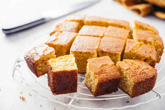 Food: Sliced cornbread
