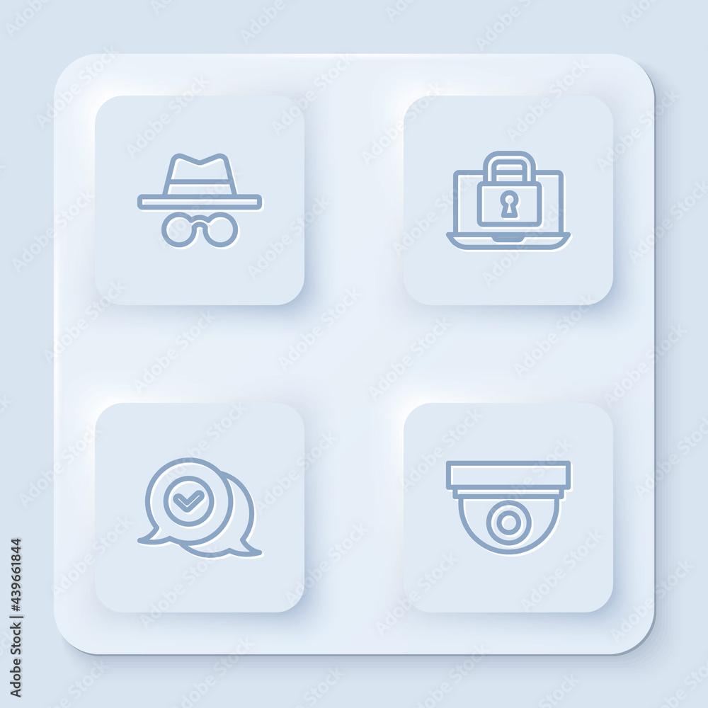 Poster set line incognito mode, laptop and lock, check mark in speech bubble and security camera. white squ