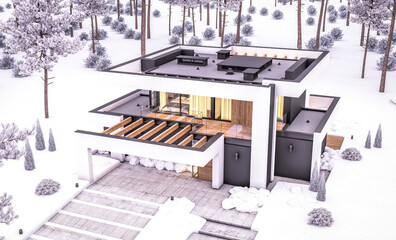 3d rendering of modern cozy house with pool and parking for sale or rent in luxurious style and beautiful landscaping on background. Cool winter evening with cozy light from windows