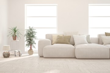 Soft color living room with sofa. Scandinavian interior design. 3D illustration