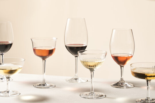 Collection of wineglasses with various wine