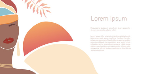 Beautiful frican woman, plants, abstract shapes and landscape. Abstract posters in minimalistic style. Vector Template with copy space for invitation, cards or banner and  poster, Landing Page