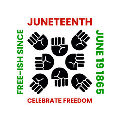 Juneteenth Celebrate Freedom Day. Free-ish since June 19, 1865. Clenched fists in air in square shape