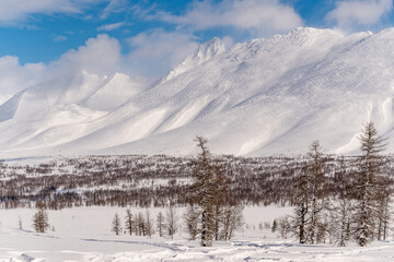 Landscape in the winter ski hiking in the mountains of the Urals