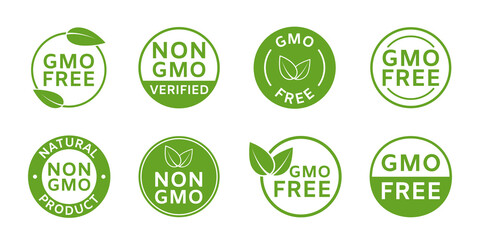 Non GMO labels. GMO free icons. Healthy organic food concept. No GMO design elements for tags, product package, emblems, stickers. Agriculture food symbol. Eco, vegan, bio stamp. Vector illustration - obrazy, fototapety, plakaty