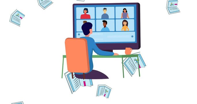 Animation of falling textbooks and person using computer for video conference call, on white