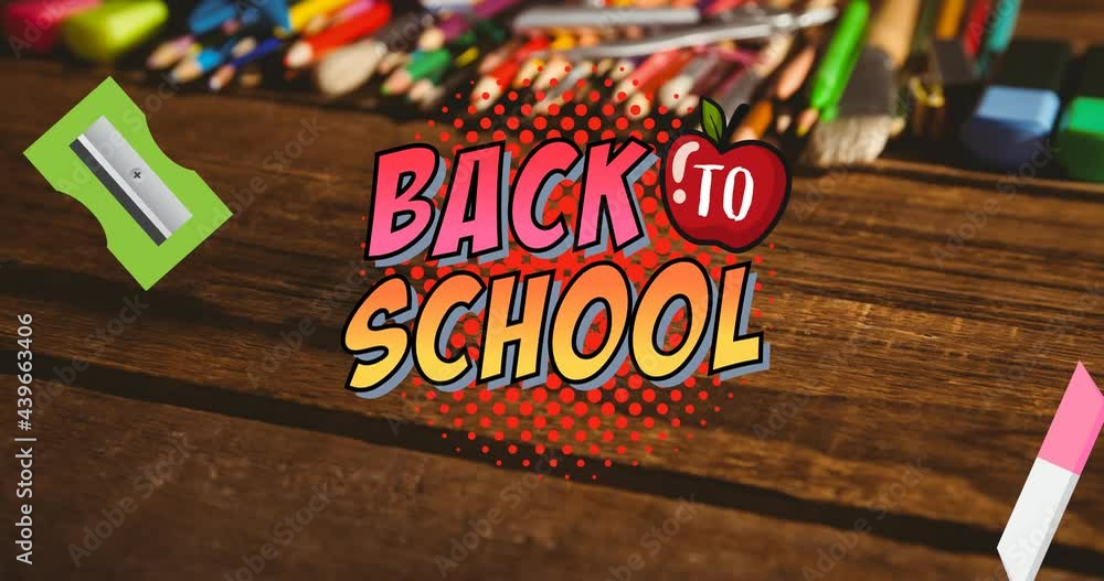 Aufkleber animation of pencil sharpener and eraser bouncing on text back to school over desk with stationery