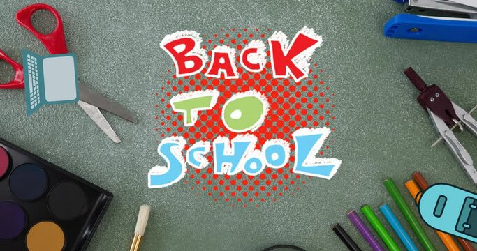 Animation of laptop and schoolbag bouncing on text back to school over desk with stationery