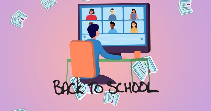 Animation of text back to school over falling textbooks and person on computer video call, on pink