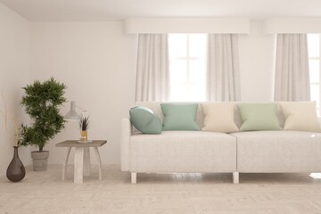Soft color living room with sofa. Scandinavian interior design. 3D illustration