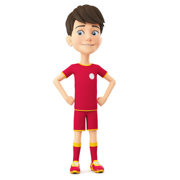Cheerful cartoon character boy in sports uniform stands. 3d render illustration.