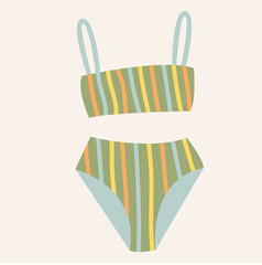  women's underwears and swimsuits of different styles, cuts, colors, sizes. Women's clothing store. Vector flat illustration in cartoon style.