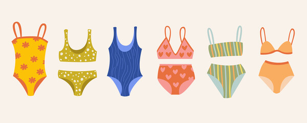 A set of women's underwears and swimsuits of different styles, cuts, colors, sizes. Women's clothing store. Vector flat illustration in cartoon style.