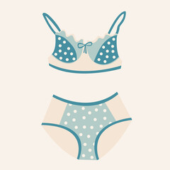  women's underwears and swimsuits of different styles, cuts, colors, sizes. Women's clothing store. Vector flat illustration in cartoon style.