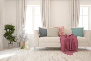 White living room with sofa. Scandinavian interior design. 3D illustration