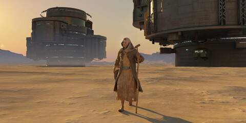 Futuristic desert landscape with sand and scfi structures and man walking with ragged clothes and a staff