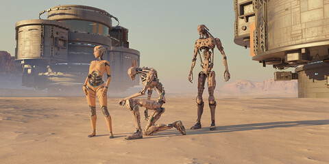 Futuristic desert landscape with sand and scfi structures, robots and cyborg
