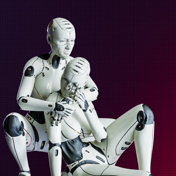 Two female cyborgs one comforting the other