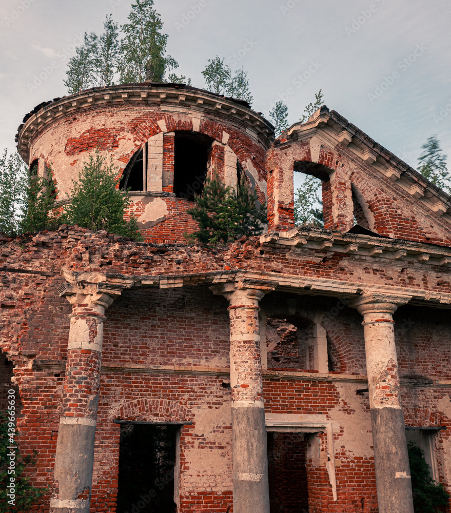 Sticker abandoned church with growing plants on the roof under a gloomy sky