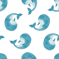 Aquarel schattig hand getekende naadloze patroon met walvissen op witte achtergrond. Aquarel textuur in kinderachtige stijl geweldig voor stof en textiel, wallpapers, achtergronden. Onderwater.