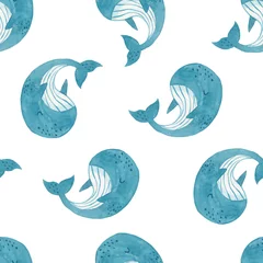 Tapeten Meerestiere Aquarell niedliche handgezeichnete nahtlose Muster mit Walen auf weißem Hintergrund. Aquarelltextur im kindlichen Stil, ideal für Stoffe und Textilien, Tapeten, Hintergründe. Unterwasser.