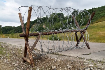 the barb razor wire obstacle set on the road