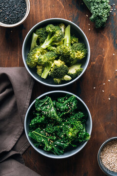 Steamed broccoli and kale with sesame seeds