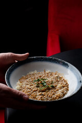 Traditional italian risotto with button mushrooms sauce and ground beef, yummy advertisement photo